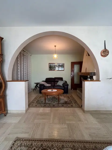 Le séjour vu depuis l'arche qui sépare l'entrée de la pièce de vie, avec le canapé en cuir au fond.